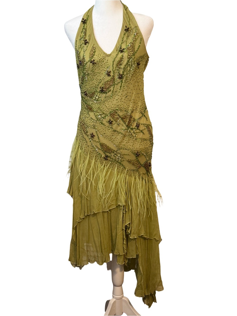 Y2K Fairy Silk Green Asymmetrical Women’s Size L Dress Beaded Rare